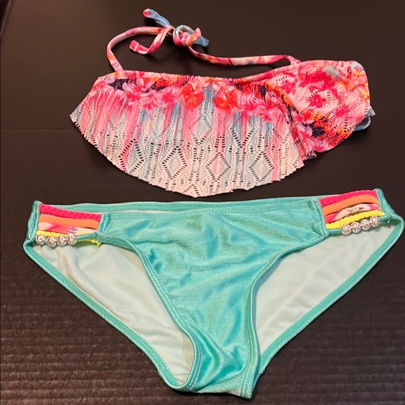 OP Other - OP Pink and Blue Swim Set with Ruffled Bandeau Top
